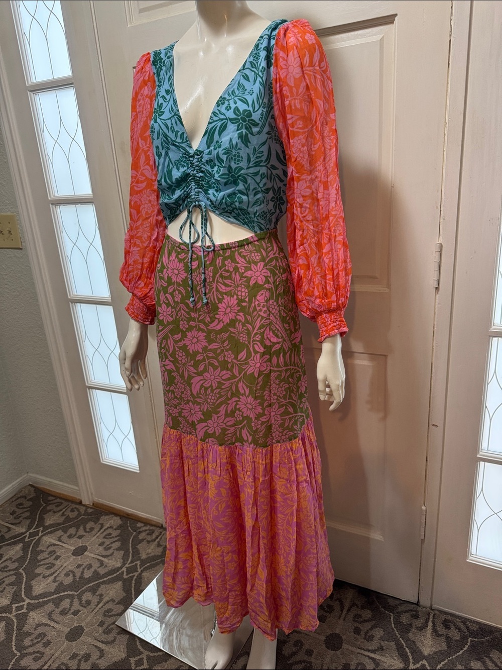 Farm Rio Cutout Maxi Dress Colorblock Floral Maxi Dress with Tie Front S Medium - Picture 8 of 15